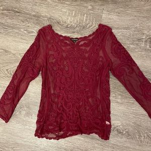 Gorgeous EXPRESS sheer embroidered burgundy red romantic lace blouse top SMALL